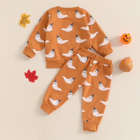 Baby Boy Halloween Clothing Set – Toddler Ghost/Pumpkin Print Sweatshirt and Elastic Waist Pants