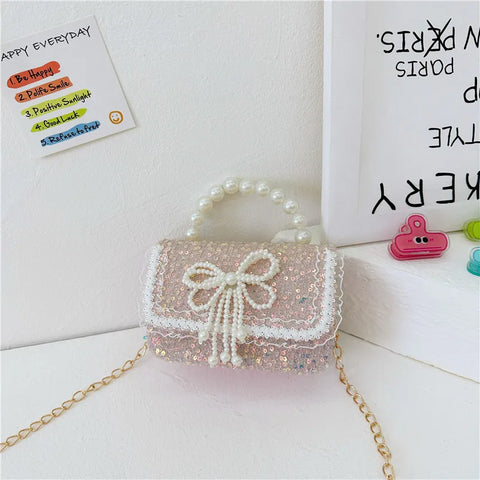 Pearl Beaded Bow Sequin Handbags for Girls