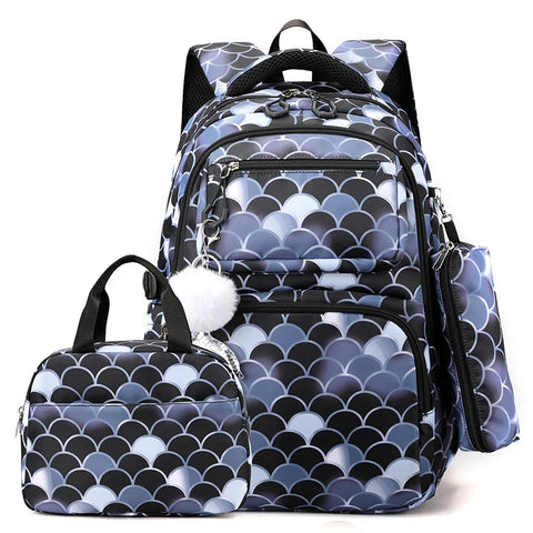 Fish Scale Print Mermaid Backpack Set for Girls – Waterproof School Bag with Pendant