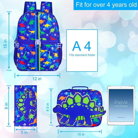 3PCS Dinosaur Backpack Set for Boys – Kids Bookbag with Lunch Box, Pencil Bag & Dinosaur Toy