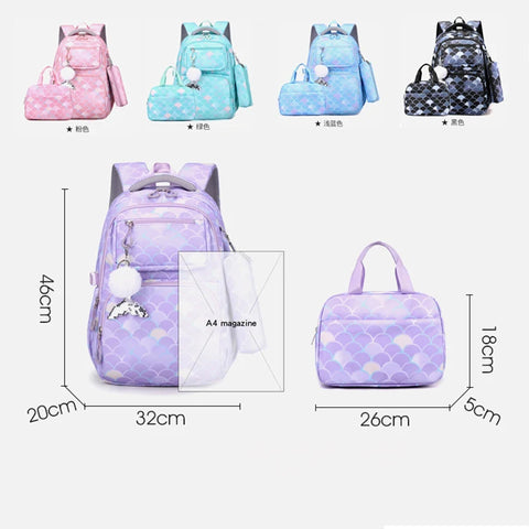 Fish Scale Print Mermaid Backpack Set for Girls – Waterproof School Bag with Pendant