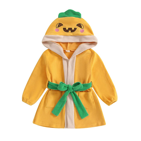 Kids Halloween Bathrobe with Belt – Cartoon Pumpkin/Chick Print Hooded Plush Robe!