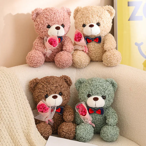 Kawaii Teddy Bear with Bouquet Plush Toy – Soft Stuffed Bow Tie Bear