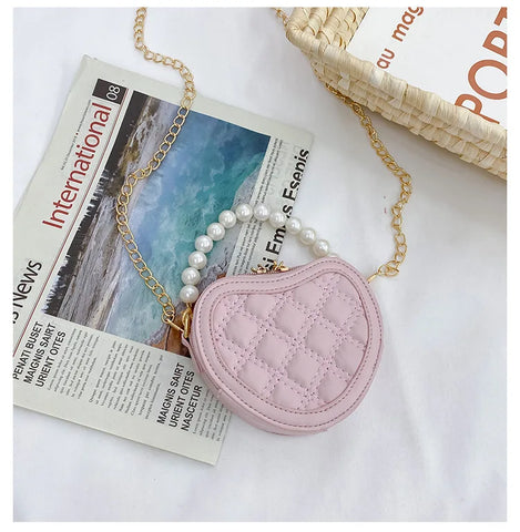 Girls Mini Heart-Shaped Crossbody Bag – Pearl Handle Coin Purse and Handbag