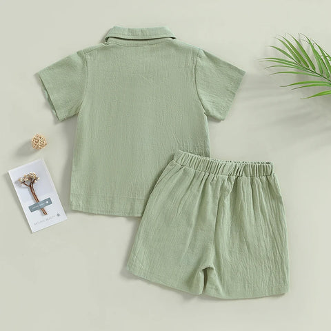 Boys Casual Outfit Set – Cotton Baby Boys Costume with Button Shirt & Elastic Waist Shorts