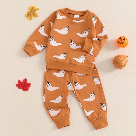 Baby Boy Halloween Clothing Set – Toddler Ghost/Pumpkin Print Sweatshirt and Elastic Waist Pants