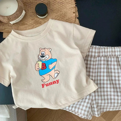 Baby Boys Cartoon T-Shirt and Plaid Shorts Set - Summer Toddler Clothing