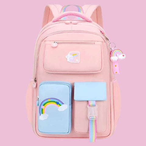 Kids Backpacks for Girls – Macaron Color School Bag with Rainbow Pendant