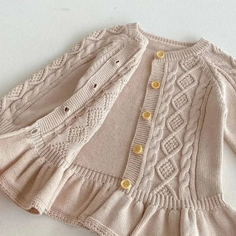 Girls' Sweater Long Sleeve Dress – Retro Ruffle Edge Knitted Wool Dress