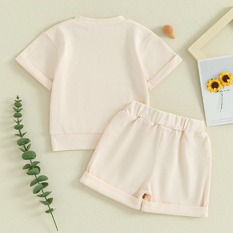 2-Piece Outfit Set for Boys – Solid Color Pocket T-Shirt & Elastic Shorts for Summer
