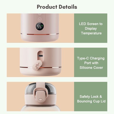 Wireless Electric Baby Bottle Heater with USB Rechargeable Temperature Control & Display