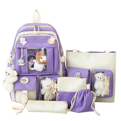 5 Pcs Set Girls Backpack - Large Capacity Student Schoolbag for Girls with Pencil Case and Shoulder Bag