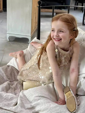 Summer Girl’s Golden Sleeveless A-line Sequin Dress – Spanish Style with Bow