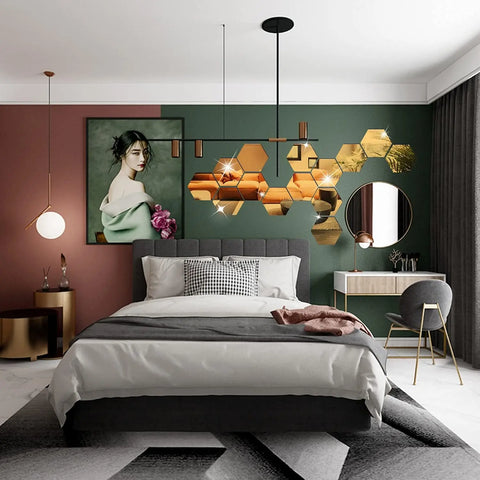 3D Hexagon Mirror Wall Stickers - Rose Gold DIY Home Decor
