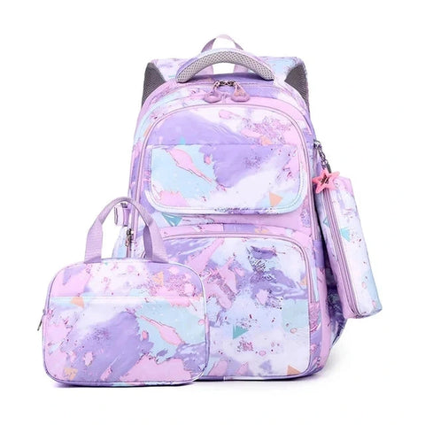 Fish Scale Print Mermaid Backpack Set for Girls – Waterproof School Bag with Pendant