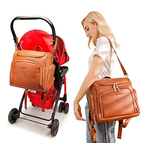 7-in-1 Baby Nappy Bag - Solid PU Leather Maternity Backpack with Changing Pad