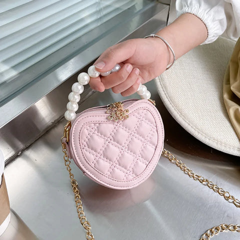 Girls Mini Heart-Shaped Crossbody Bag – Pearl Handle Coin Purse and Handbag