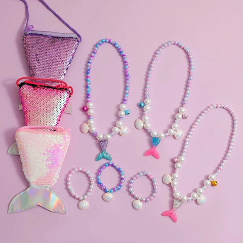 Cute Pearl Bracelet, Necklace, and Fishtail Crossbody Bag Set for Girls