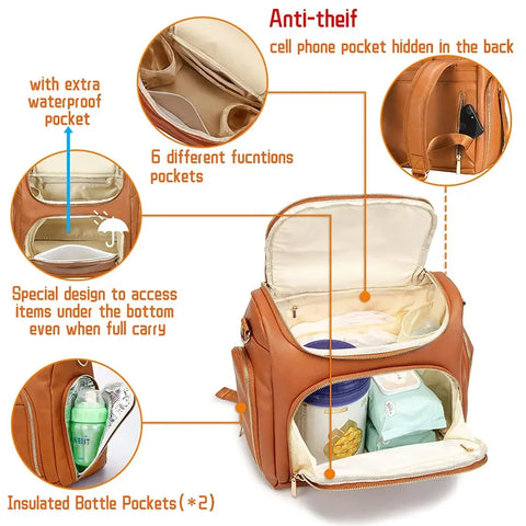 7-in-1 Baby Nappy Bag - Solid PU Leather Maternity Backpack with Changing Pad