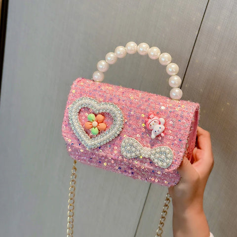 Pearl Beaded Bow Sequin Handbags for Girls