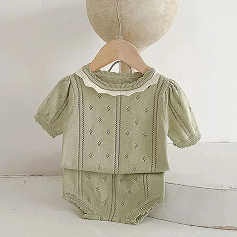 Summer Autumn Baby Girls Knitted Clothing Set – Short Sleeved Pullover Tops + Shorts