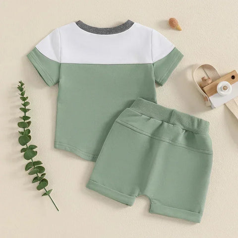 Toddler Boy Cotton Clothing Set – Contrast Short Sleeve Top & Pocket Shorts