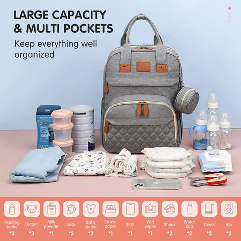 3-in-1 Waterproof Nappy Bag Backpack with Foldable Baby Bed and USB Charging