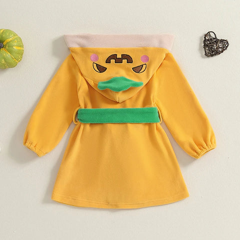 Kids Halloween Bathrobe with Belt – Cartoon Pumpkin/Chick Print Hooded Plush Robe!