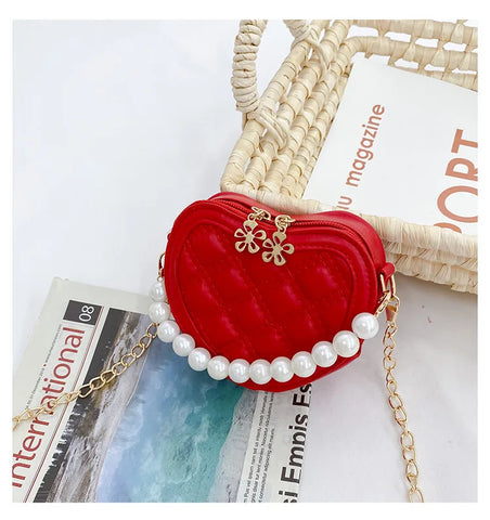 Girls Mini Heart-Shaped Crossbody Bag – Pearl Handle Coin Purse and Handbag