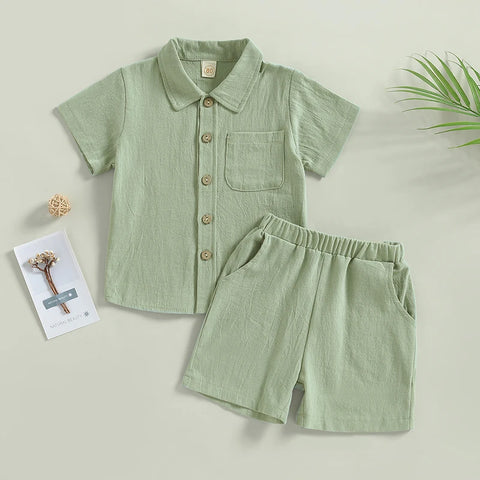 Boys Casual Outfit Set – Cotton Baby Boys Costume with Button Shirt & Elastic Waist Shorts