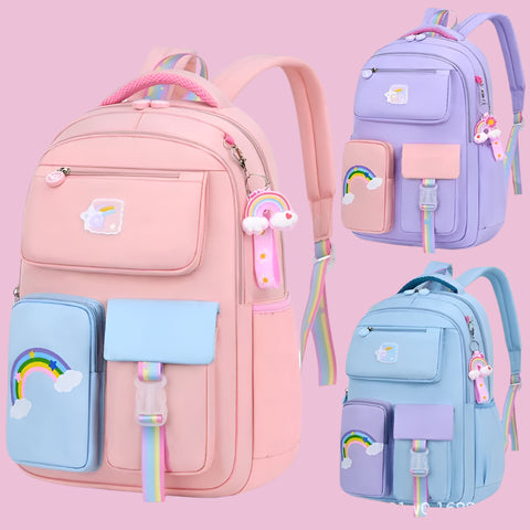 Kids Backpacks for Girls – Macaron Color School Bag with Rainbow Pendant