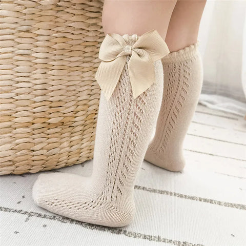 Kids Knee High Socks - Breathable Cotton Mesh Socks with Bow
