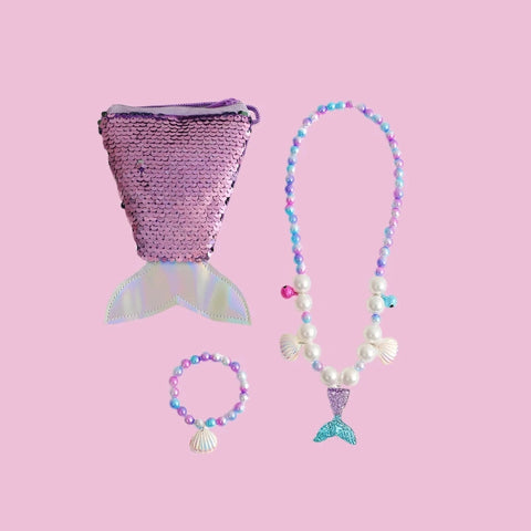 Cute Pearl Bracelet, Necklace, and Fishtail Crossbody Bag Set for Girls