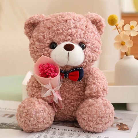 Kawaii Teddy Bear with Bouquet Plush Toy – Soft Stuffed Bow Tie Bear