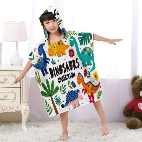 Cartoon Dinosaur Beach Bath Towel – Microfiber Quick Dry Hooded Poncho for Kids & Adults