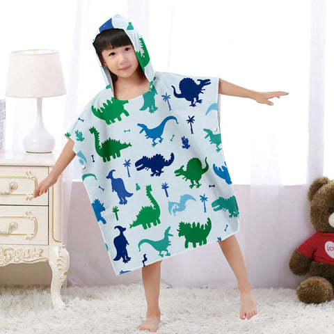 Cartoon Dinosaur Beach Bath Towel – Microfiber Quick Dry Hooded Poncho for Kids & Adults