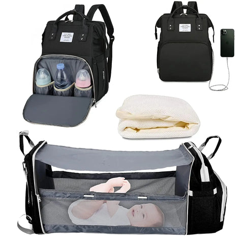 3-in-1 Waterproof Nappy Bag Backpack with Foldable Baby Bed and USB Charging