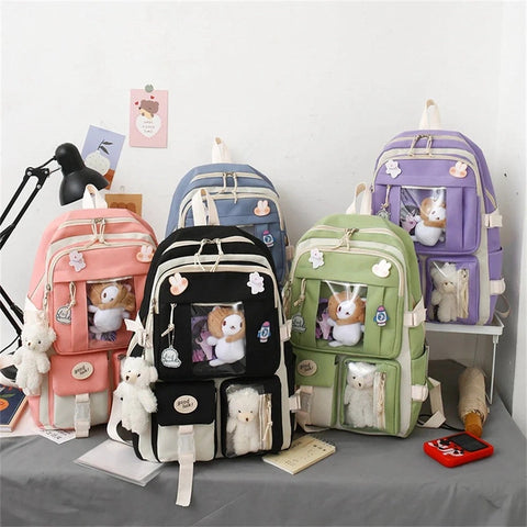 5 Pcs Set Girls Backpack - Large Capacity Student Schoolbag for Girls with Pencil Case and Shoulder Bag