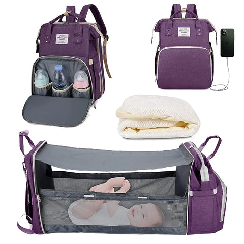 3-in-1 Waterproof Nappy Bag Backpack with Foldable Baby Bed and USB Charging