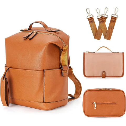 7-in-1 Baby Nappy Bag - Solid PU Leather Maternity Backpack with Changing Pad