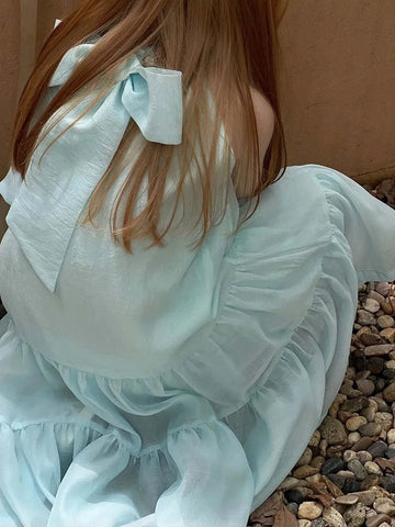 Girl's Summer Sleeveless Candy Blue A-line Dress – Spanish Style Bow Skirt
