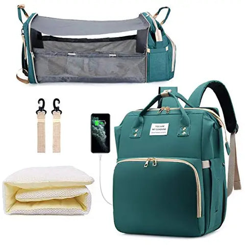 3-in-1 Waterproof Nappy Bag Backpack with Foldable Baby Bed and USB Charging