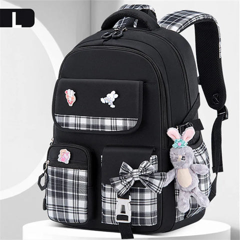 Kawaii Rabbit Pendant Waterproof School Backpack for Girls – Cute Bow Knot Design for Kids
