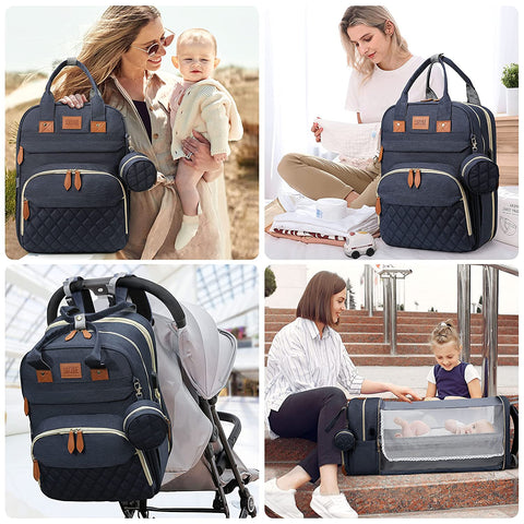 3-in-1 Waterproof Nappy Bag Backpack with Foldable Baby Bed and USB Charging