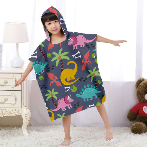 Cartoon Dinosaur Beach Bath Towel – Microfiber Quick Dry Hooded Poncho for Kids & Adults