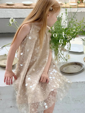Summer Girl’s Golden Sleeveless A-line Sequin Dress – Spanish Style with Bow