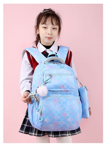 Fish Scale Print Mermaid Backpack Set for Girls – Waterproof School Bag with Pendant