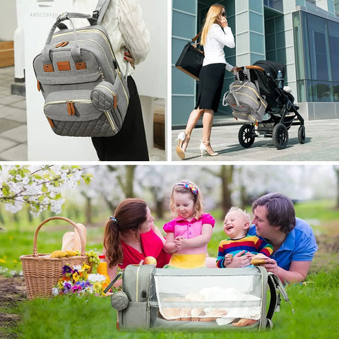 3-in-1 Waterproof Nappy Bag Backpack with Foldable Baby Bed and USB Charging