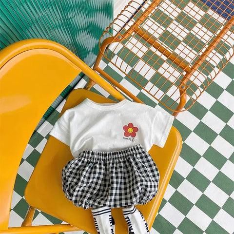 Summer Children Clothing Short Sleeve T-shirt & Plaid Shorts 2-Piece Set