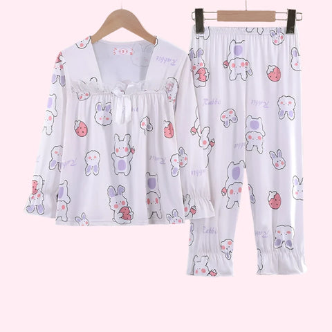 Cute Girls Pajama Set with Bow Lace Decoration – Comfortable & Trendy Nightwear